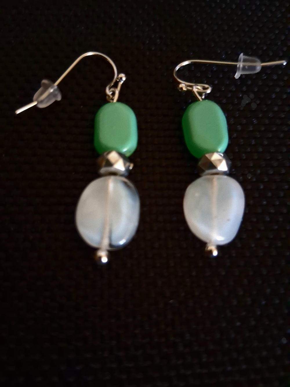 Handmade Green Bead Drop Pierced Silver-Tone Earrings